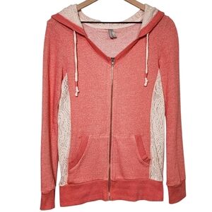 Vanity Womens Medium V-Neck Lace Lined Hooded Zip Sweatshirt Pockets Coral